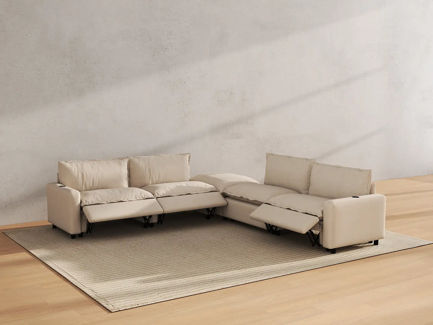 Modular Cero Reclining Sectionals | 5-Piece Beige Linen Grand Estate V-Shaped Sectionals 4-Seater with 1-Ottoman