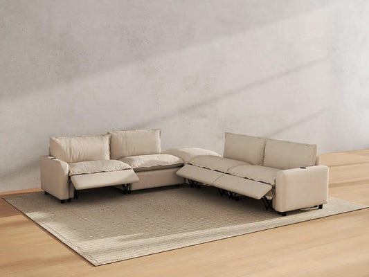 Modular Cero Reclining Sectionals | 5-Piece Beige Linen Grand Estate V-Shaped Sectionals 4-Seater with 1-Ottoman