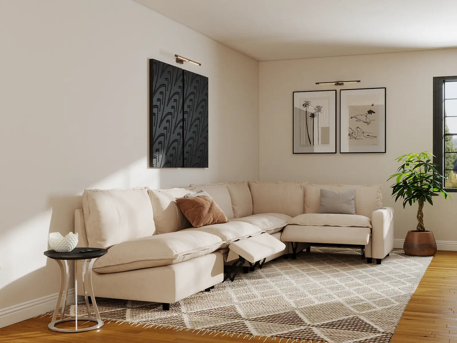Modular Cero L Shaped Sectional Sofa with Recliner | 5-Piece Beige Linen Home Living L-Shaped Sectionals 5-Seater