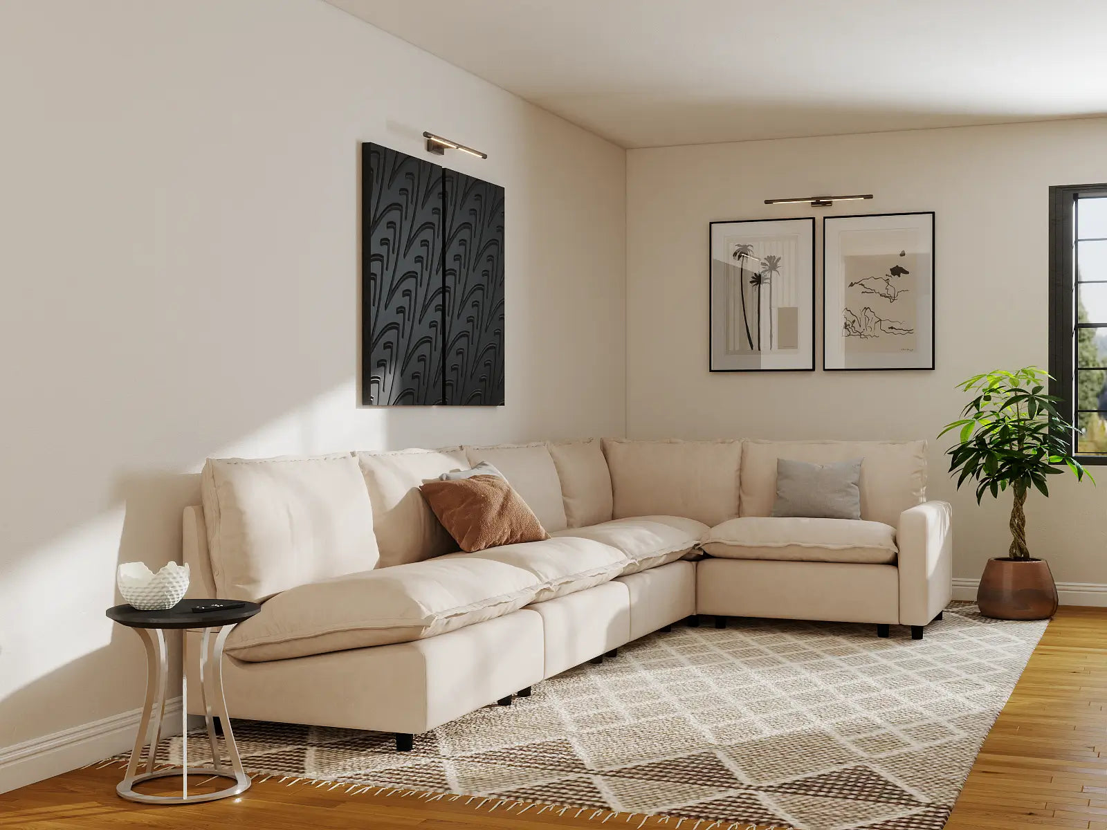 Modular Cero L Shaped Modular Sectional Sofa | 5-Piece Beige Linen Home Living L-Shaped Sectionals 5-Seater