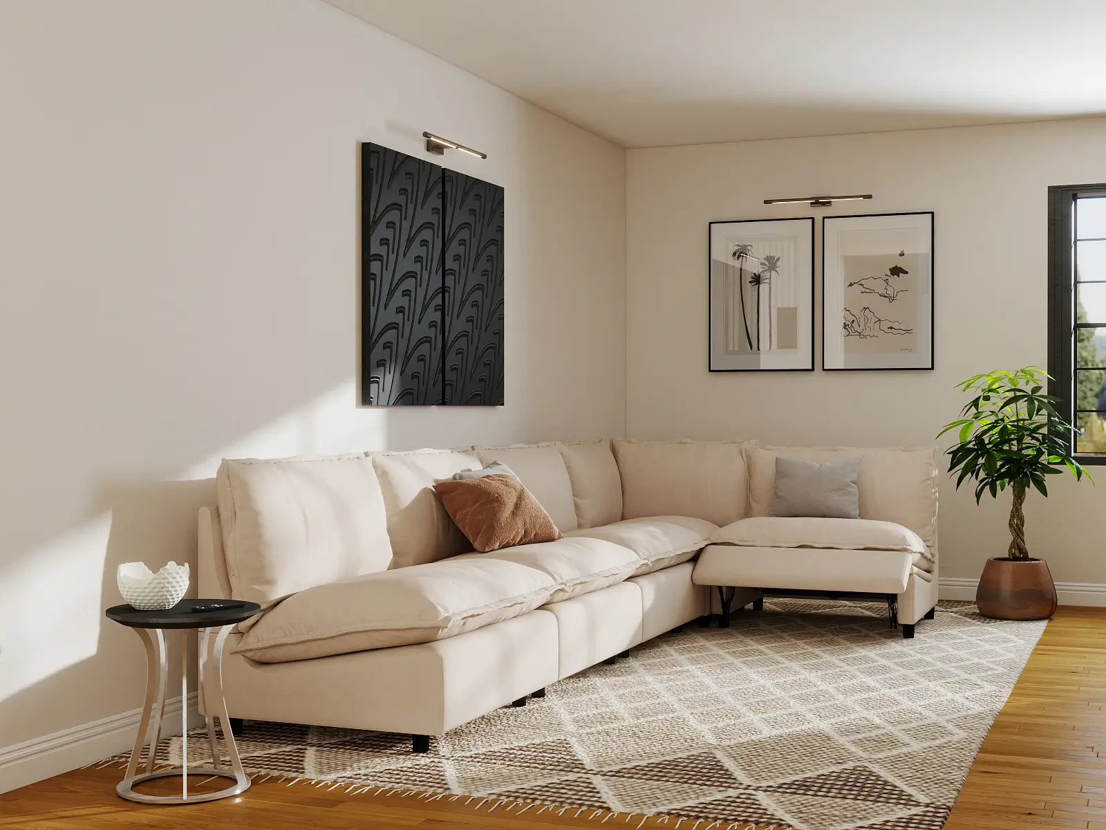 Modular Cero L Shaped Reclining Sectional | 5-Piece Beige Linen Home Living L-Shaped Sectionals 5-Seater