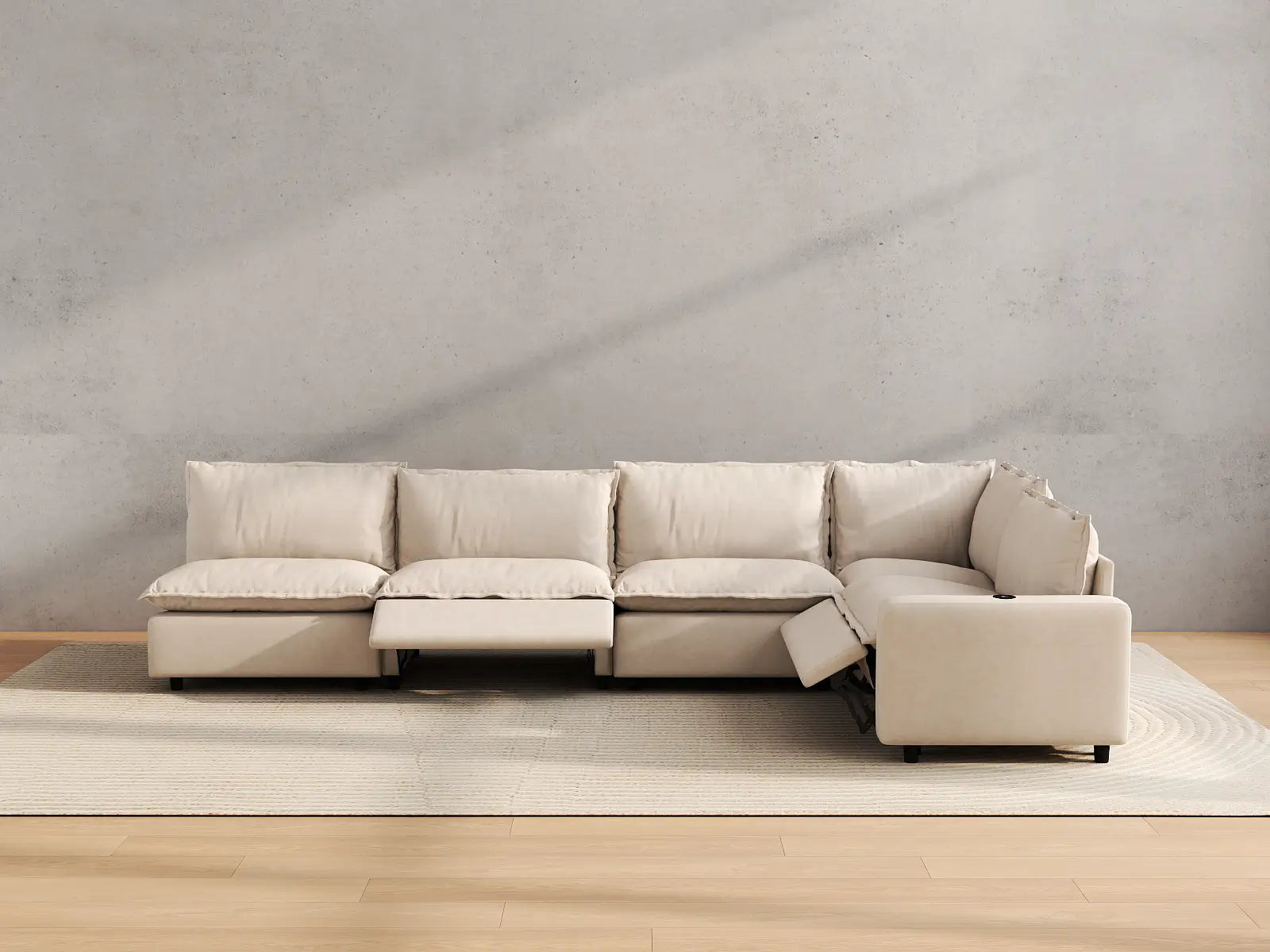 Modular Cero L Shaped Sectional Sofa with Recliner | 5-Piece Beige Linen Home Living L-Shaped Sectionals 5-Seater