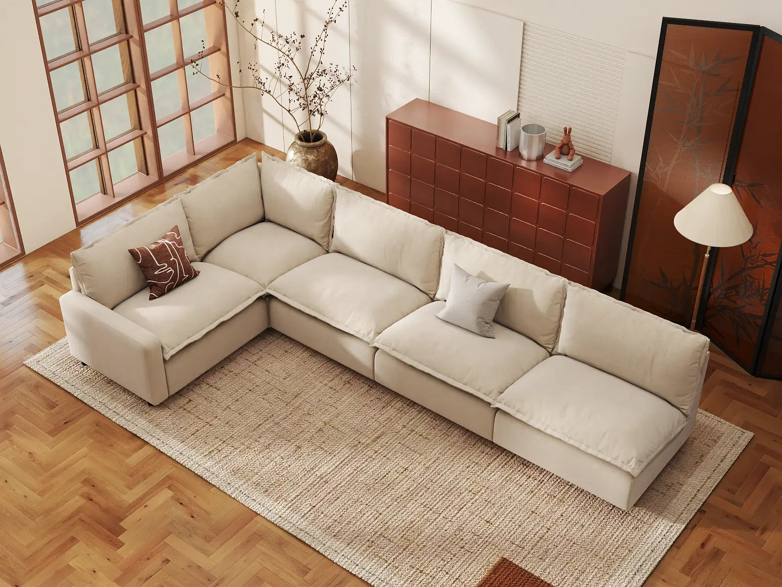 Modular Cero L Shaped Modular Sectional Sofa | 5-Piece Beige Linen Home Living L-Shaped Sectionals 5-Seater