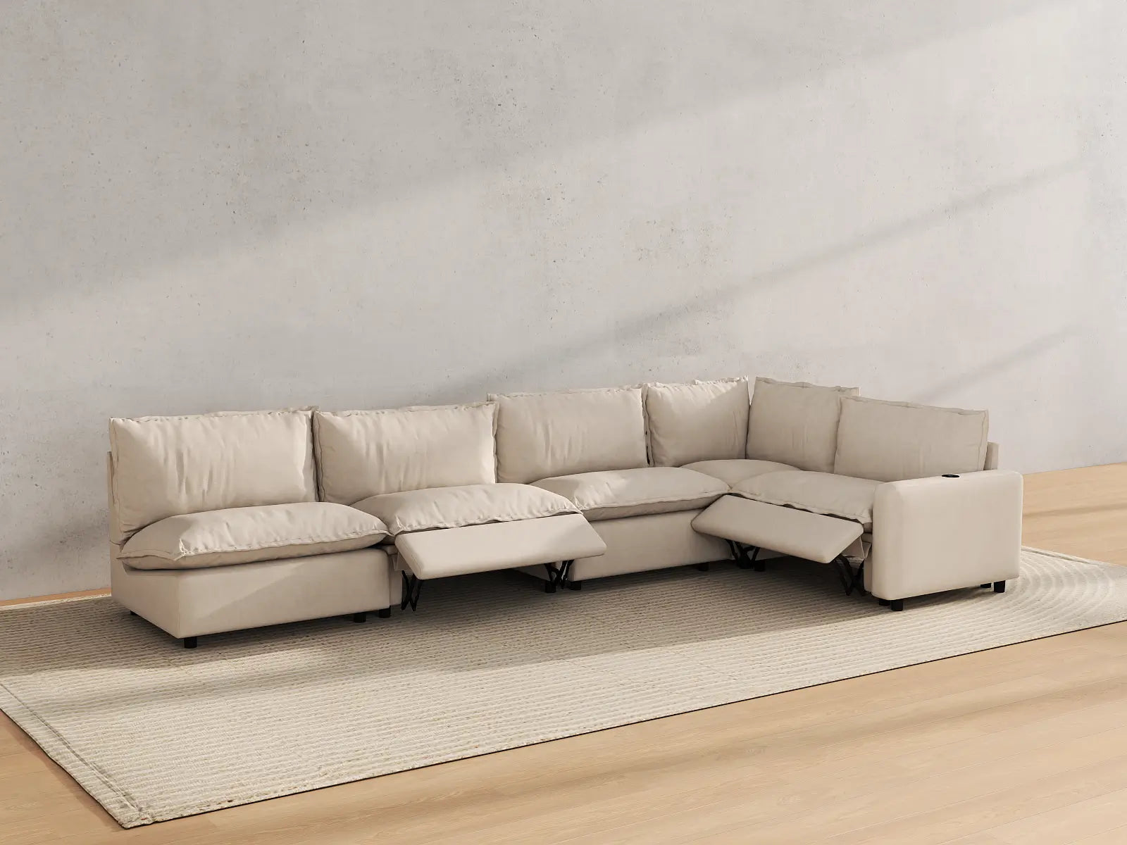 Modular Cero L Shaped Sectional Sofa with Recliner | 5-Piece Beige Linen Home Living L-Shaped Sectionals 5-Seater