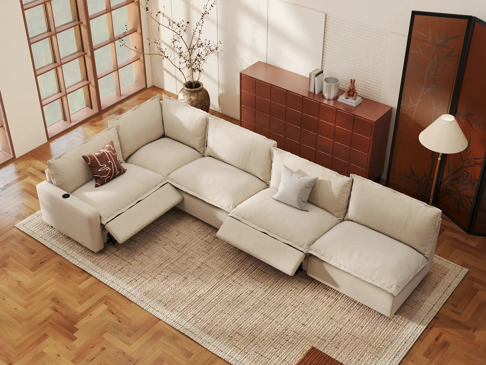 Modular Cero L Shaped Sectional Sofa with Recliner | 5-Piece Beige Linen Home Living L-Shaped Sectionals 5-Seater