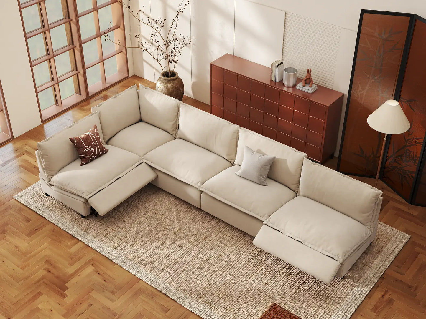Modular Cero Reclining Sectionals | 5-Piece Beige Linen Home Living L-Shaped Sectionals 5-Seater