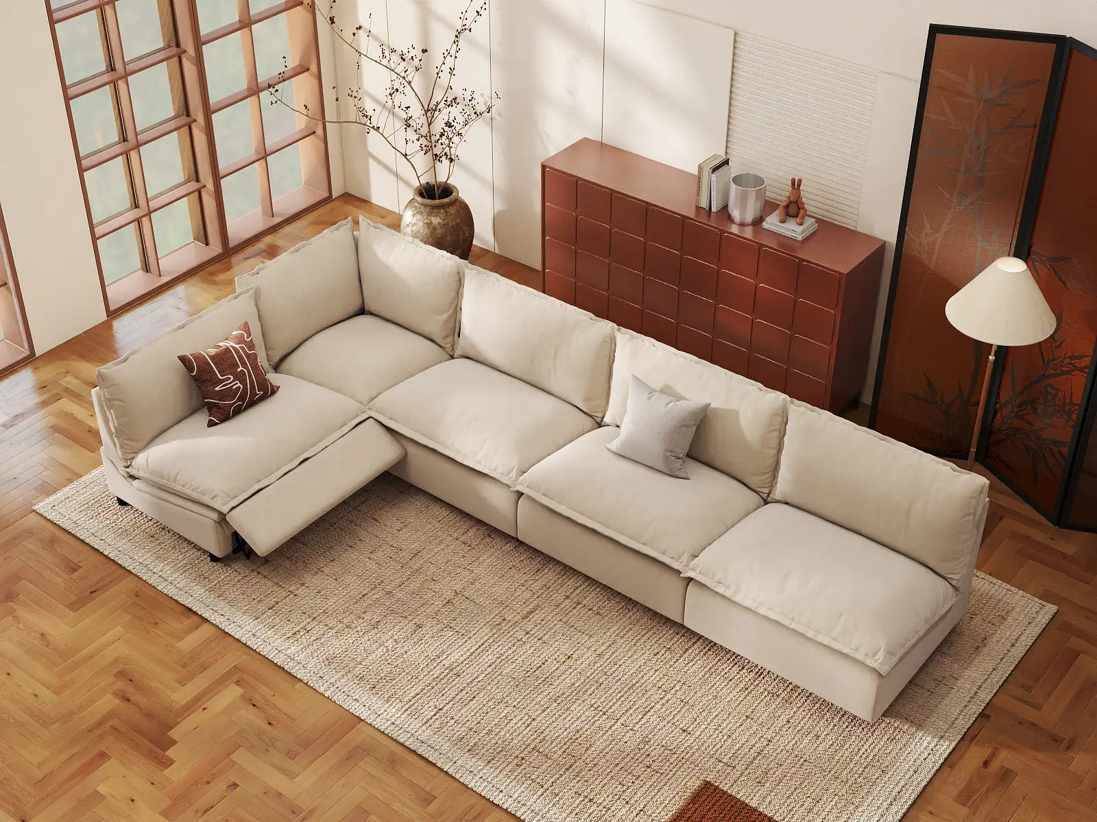 Modular Cero L Shaped Reclining Sectional | 5-Piece Beige Linen Home Living L-Shaped Sectionals 5-Seater