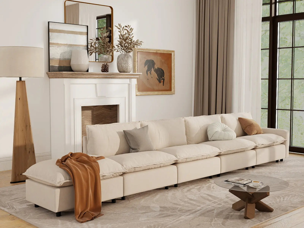 5 Piece Beige Linen Large Space Couch Sectionals 4 Seater with 1 Ottoman 1