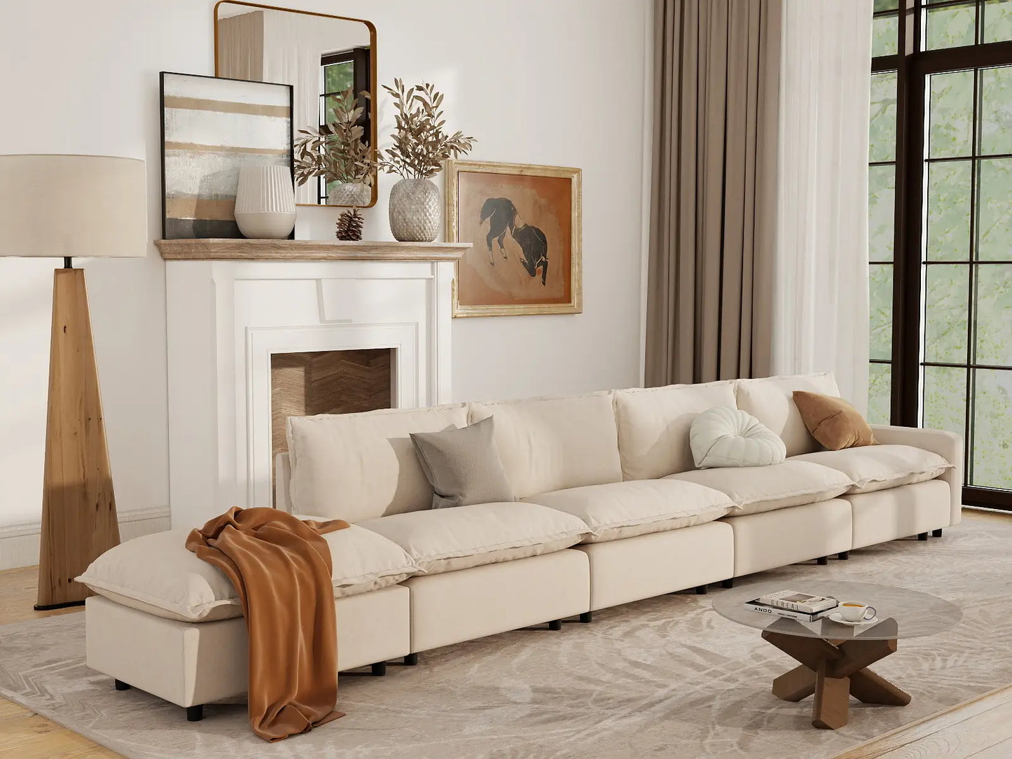 5 Piece Beige Linen Large Space Couch Sectionals 4 Seater with 1 Ottoman 1