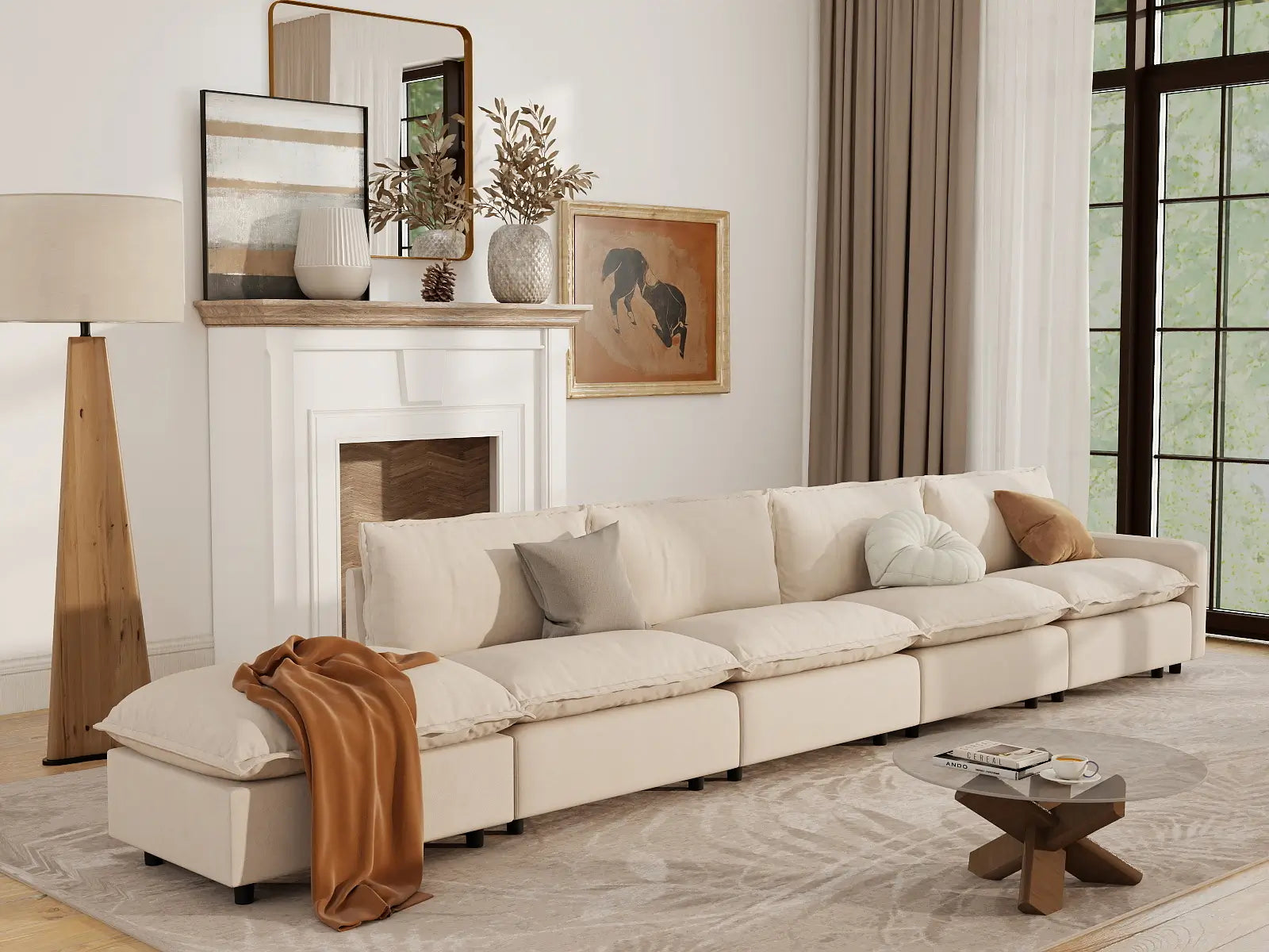 5 Piece Beige Linen Large Space Couch Sectionals 4 Seater with 1 Ottoman 1