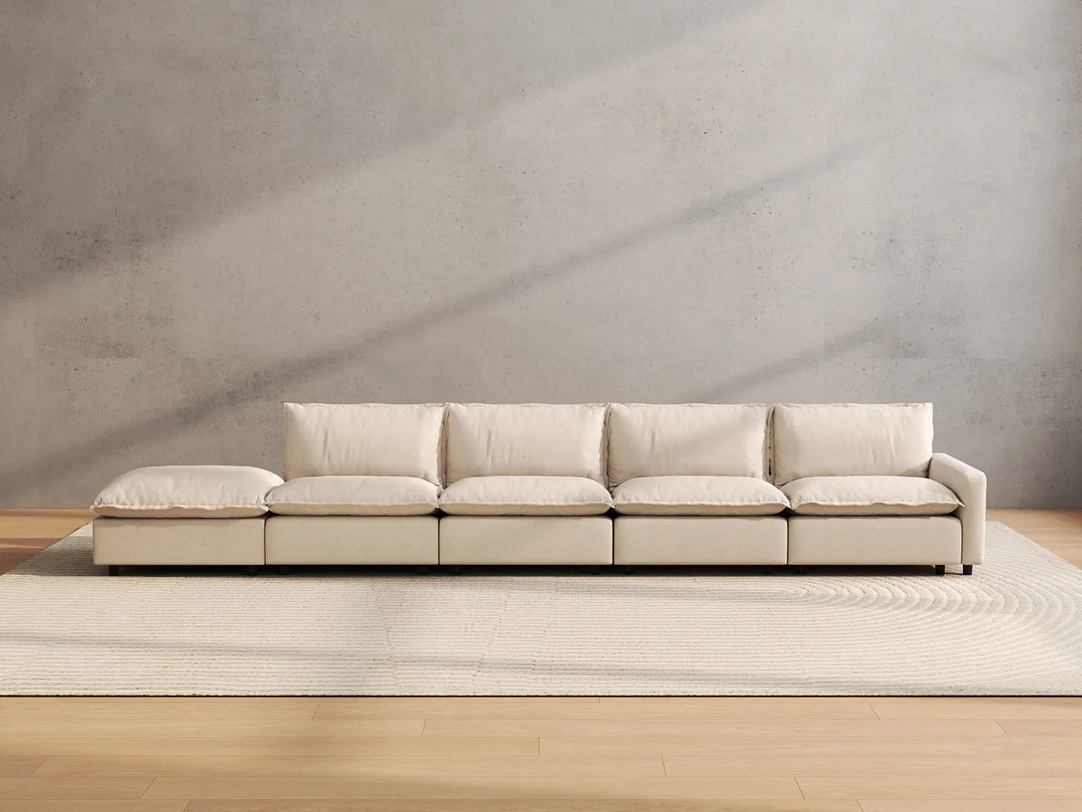 5 Piece Beige Linen Large Space Couch Sectionals 4 Seater with 1 Ottoman 3