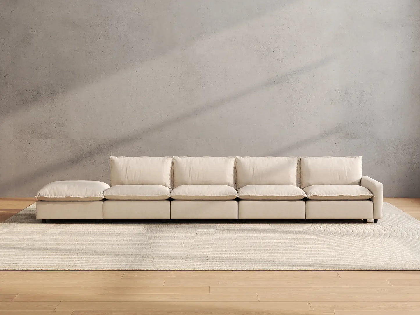5 Piece Beige Linen Large Space Couch Sectionals 4 Seater with 1 Ottoman 3