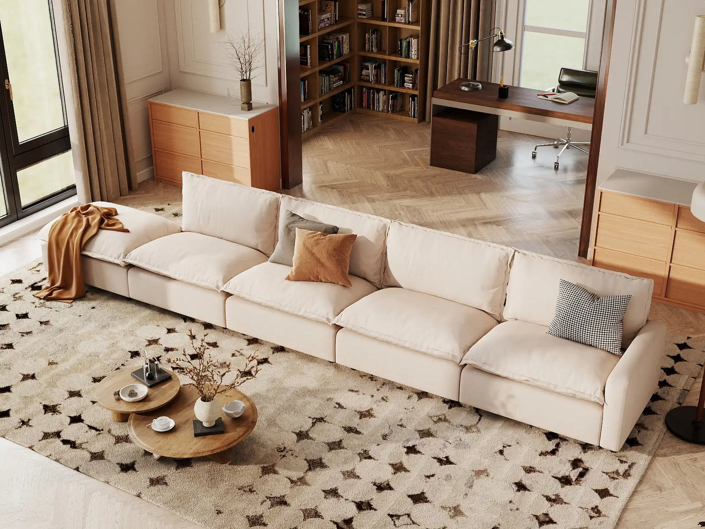 5 Piece Beige Linen Large Space Couch Sectionals 4 Seater with 1 Ottoman 5