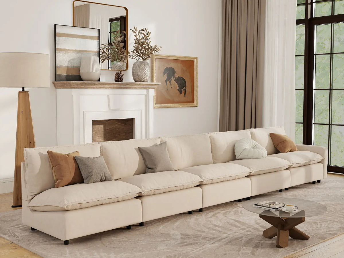 5 Piece Beige Linen Large Space Couch Sectionals 5 Seater 1