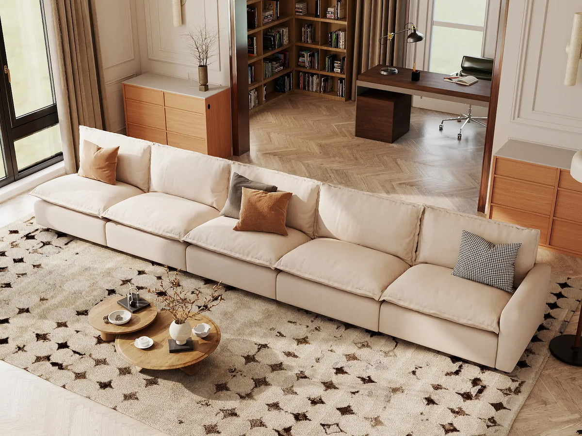 5 Piece Beige Linen Large Space Couch Sectionals 5 Seater 4