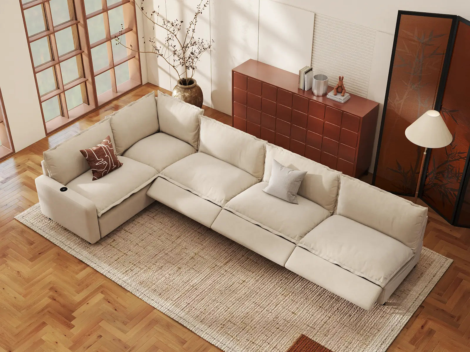 Modular Cero Reclining Sectional | 5-Piece Beige Linen Large Space L-Shaped Sectionals 5-Seater