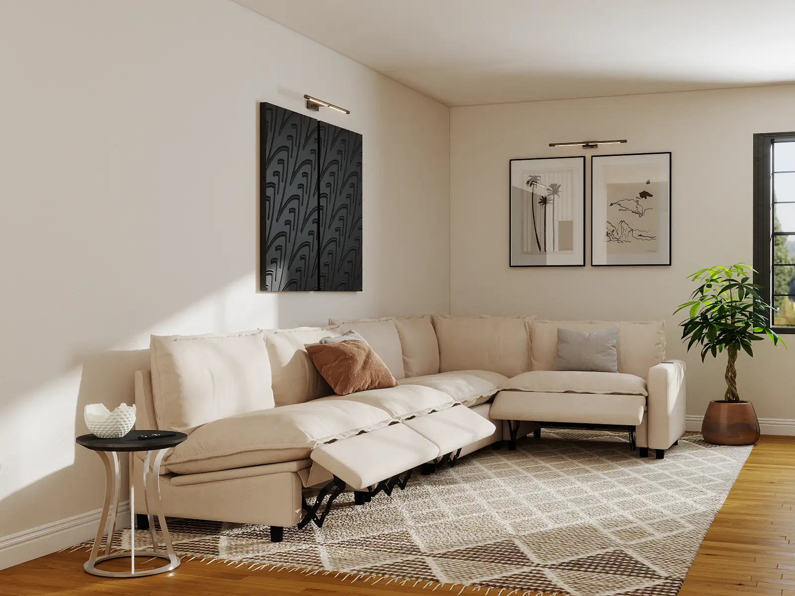 Modular Cero Reclining Sectional | 5-Piece Beige Linen Large Space L-Shaped Sectionals 5-Seater
