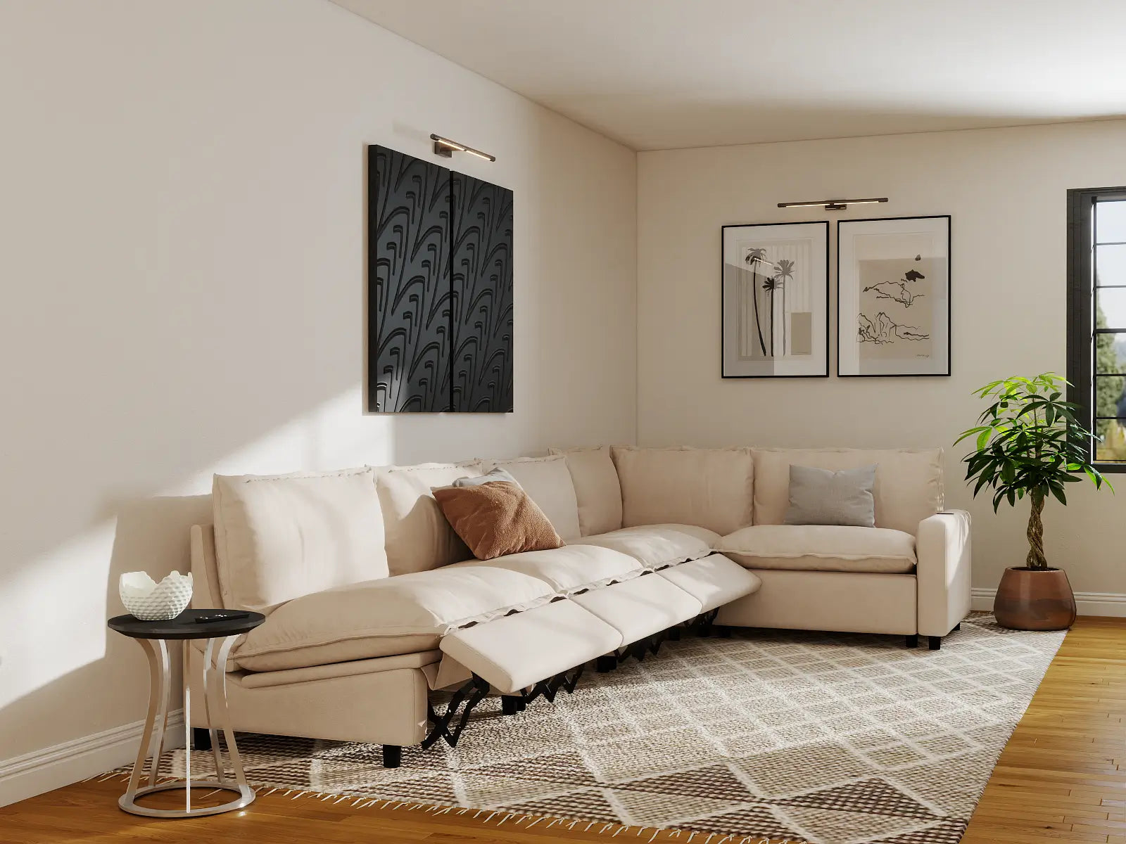Modular Cero Reclining Sectional | 5-Piece Beige Linen Large Space L-Shaped Sectionals 5-Seater