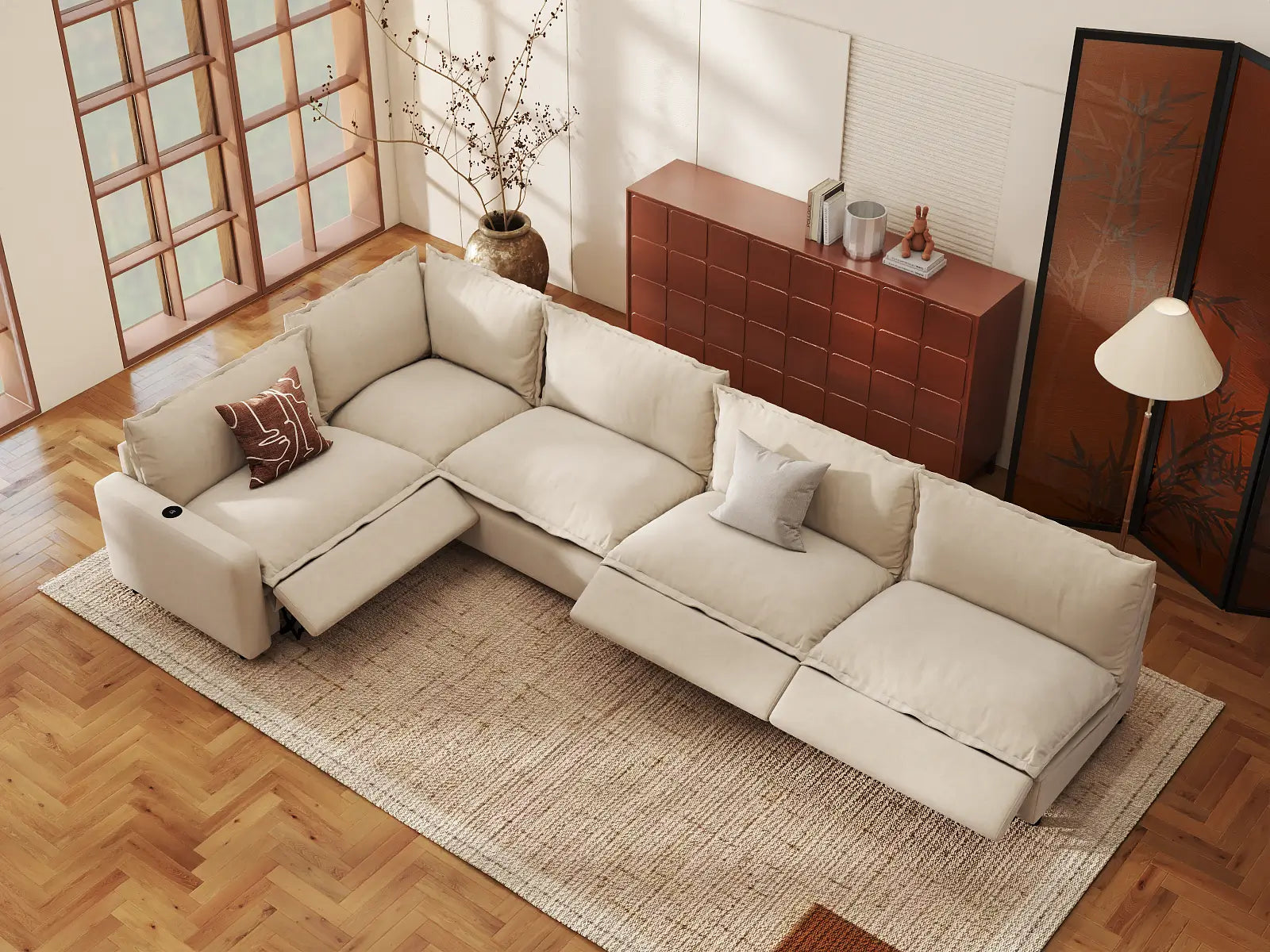 Modular Cero Reclining Sectional | 5-Piece Beige Linen Large Space L-Shaped Sectionals 5-Seater