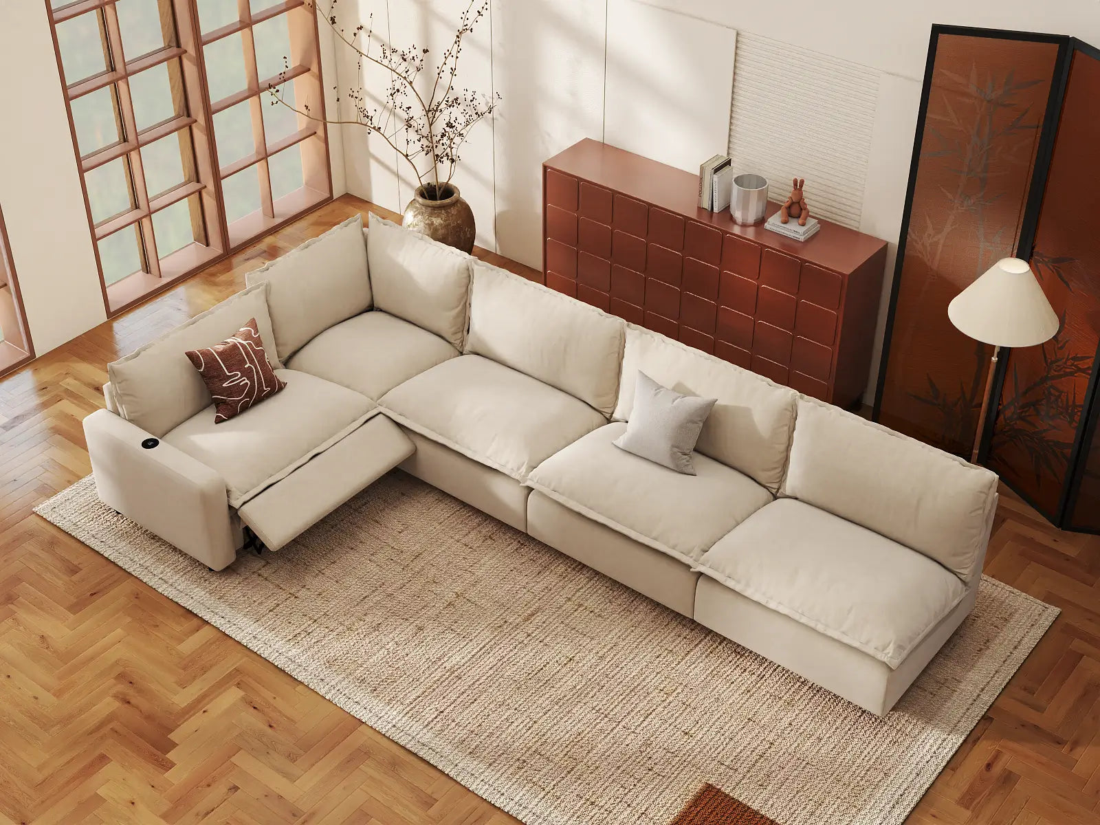 Modular Cero L Shaped Reclining Sectional | 5-Piece Beige Linen Large Space L-Shaped Sectionals 5-Seater