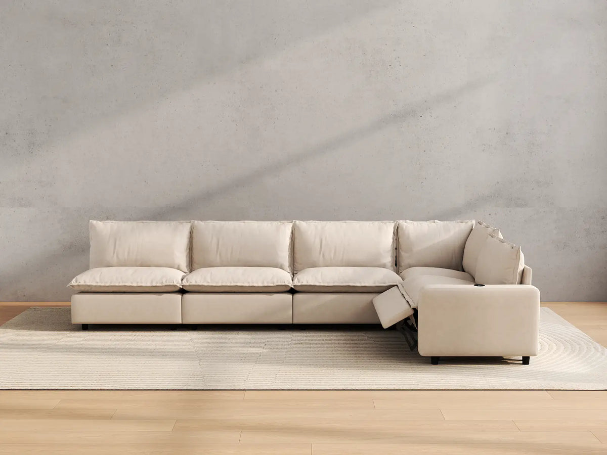 Modular Cero Reclining Sectionals | 5-Piece Beige Linen Large Space L-Shaped Sectionals 5-Seater