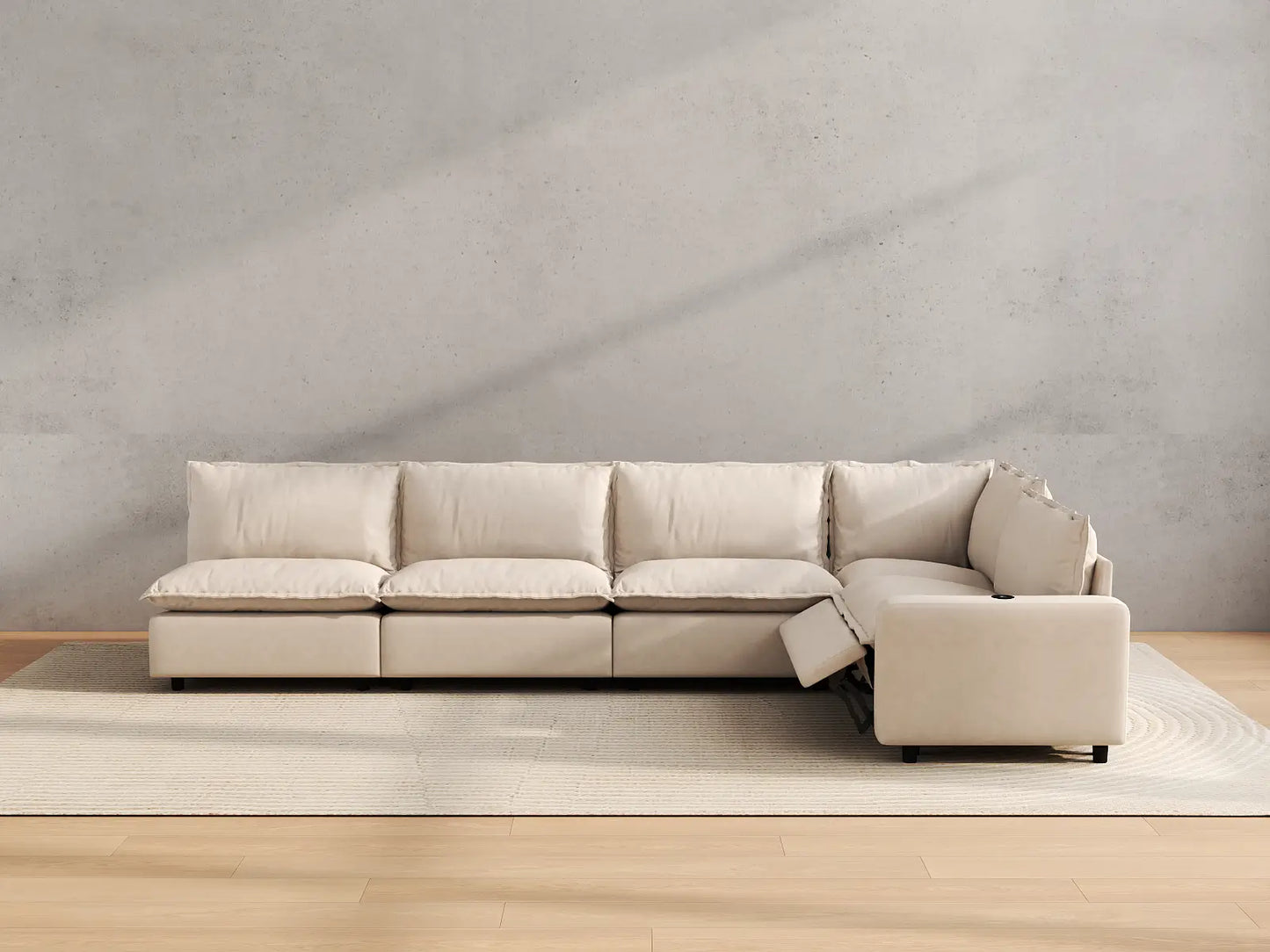 Modular Cero Reclining Sectionals | 5-Piece Beige Linen Large Space L-Shaped Sectionals 5-Seater