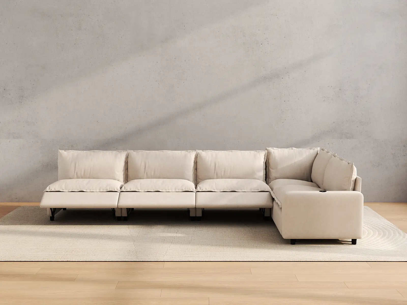 Modular Cero Reclining Sectional | 5-Piece Beige Linen Large Space L-Shaped Sectionals 5-Seater