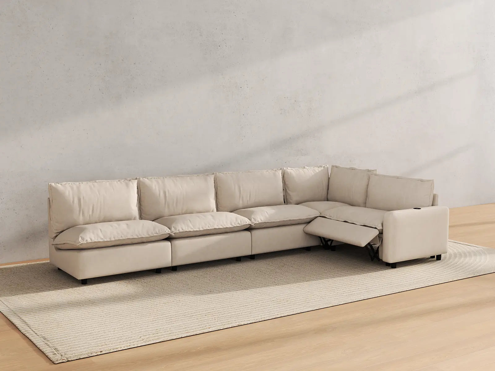 Modular Cero L Shaped Reclining Sectional | 5-Piece Beige Linen Large Space L-Shaped Sectionals 5-Seater