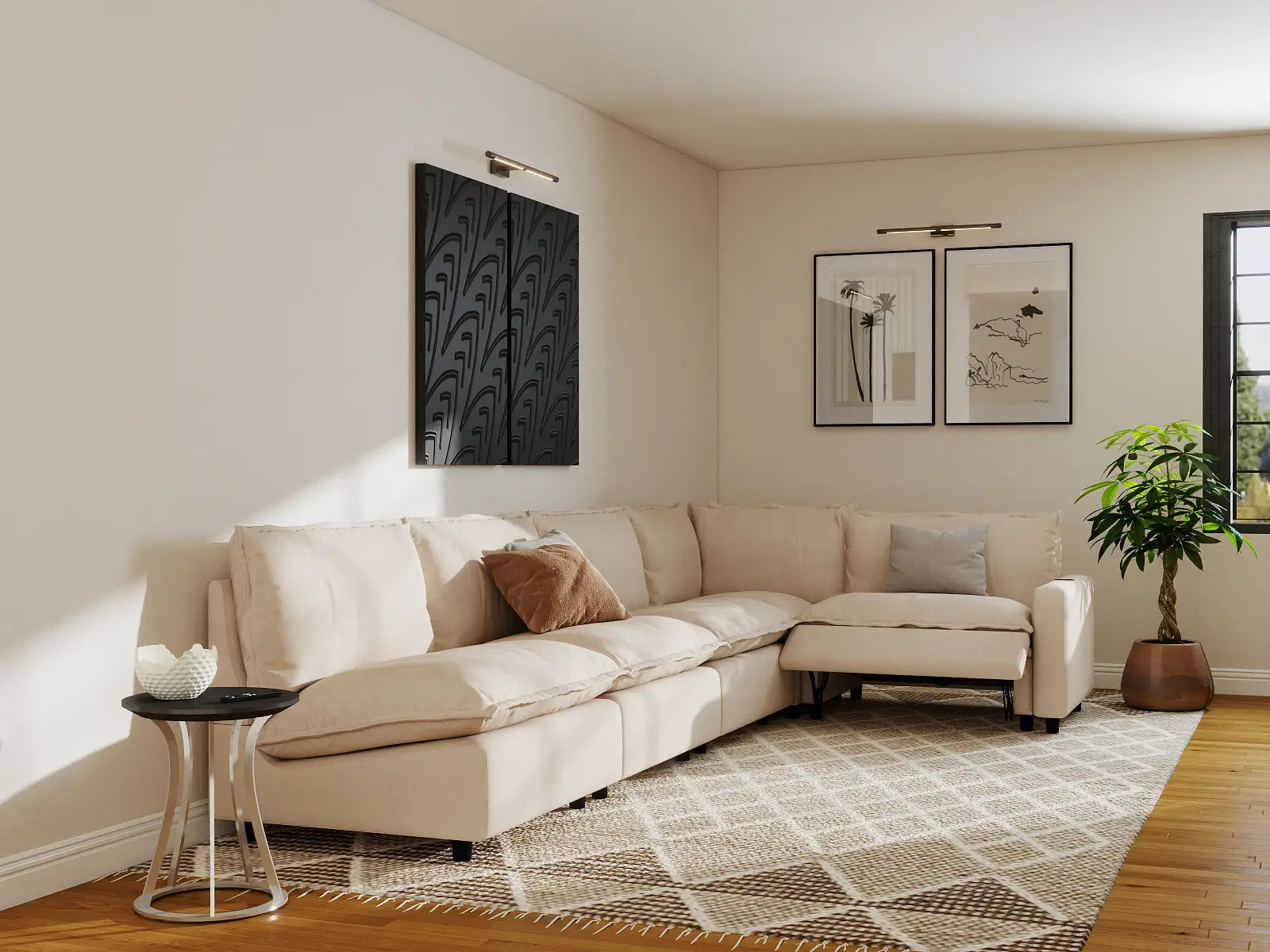 Modular Cero L Shaped Reclining Sectional | 5-Piece Beige Linen Large Space L-Shaped Sectionals 5-Seater