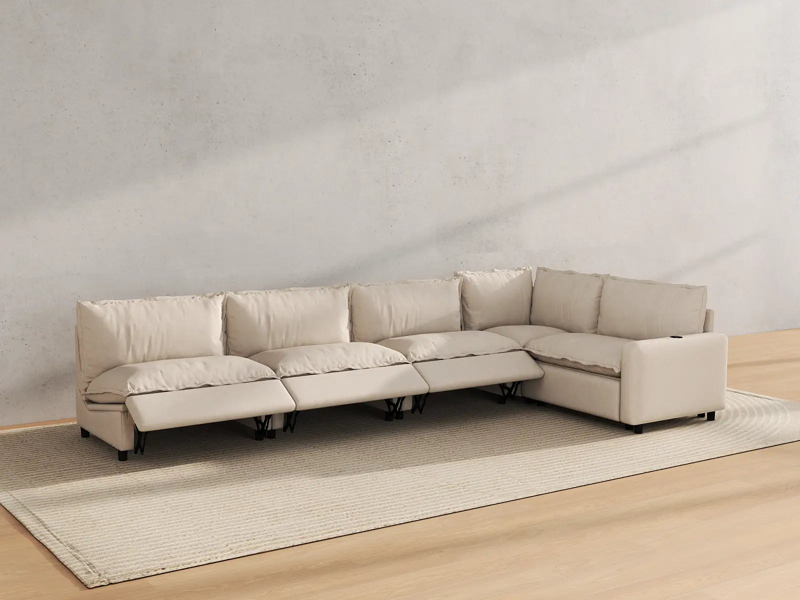 Modular Cero Reclining Sectional | 5-Piece Beige Linen Large Space L-Shaped Sectionals 5-Seater