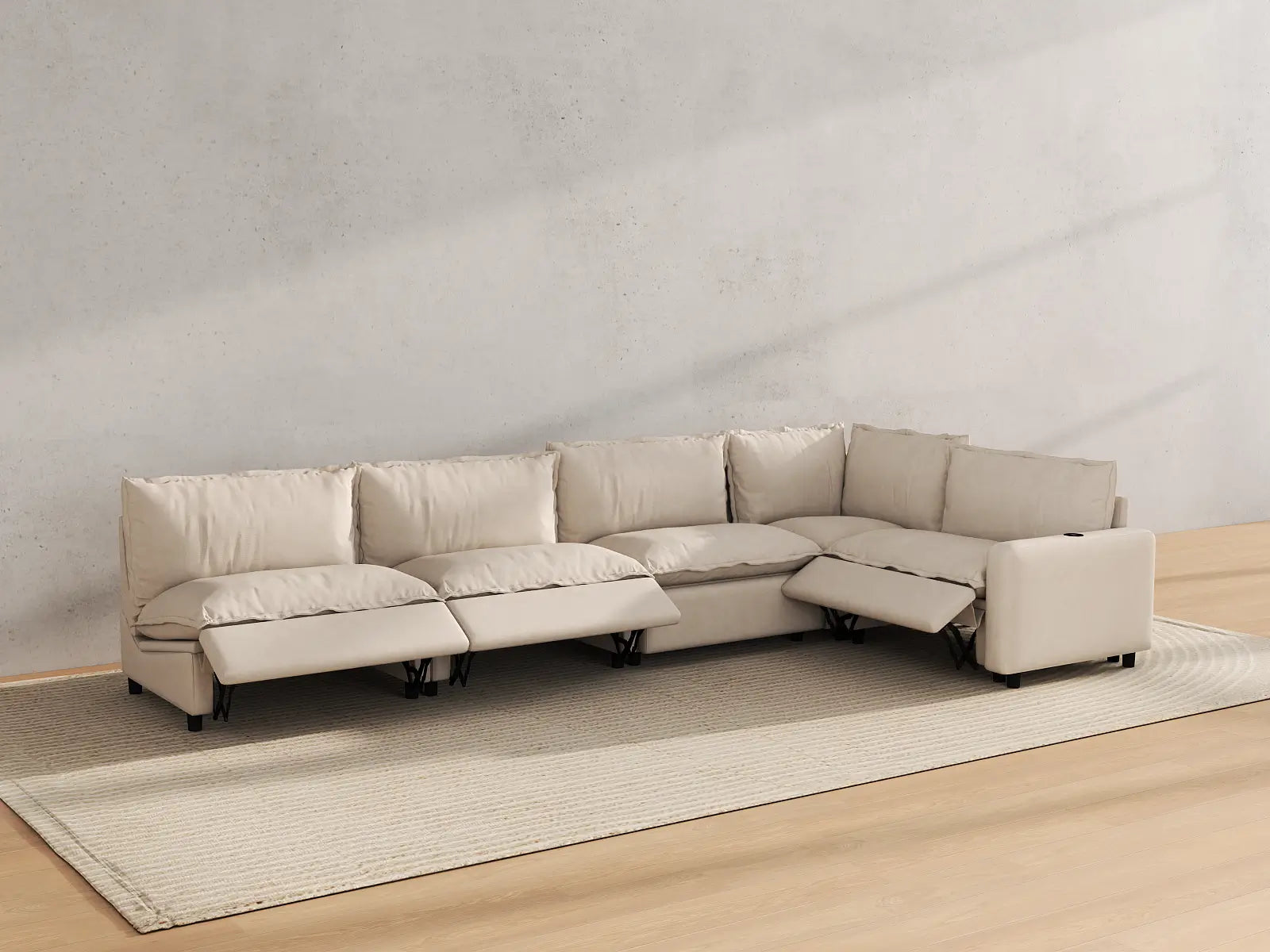Modular Cero Reclining Sectional | 5-Piece Beige Linen Large Space L-Shaped Sectionals 5-Seater