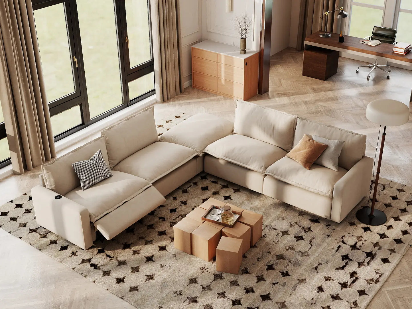 Modular Cero Reclining Sectionals | 5-Piece Beige Linen Large Space V-Shaped Sectionals 4-Seater with 1-Ottoman