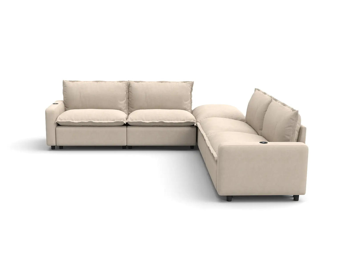Modular Cero Reclining Sectionals | 5-Piece Beige Linen Large Space V-Shaped Sectionals 4-Seater with 1-Ottoman