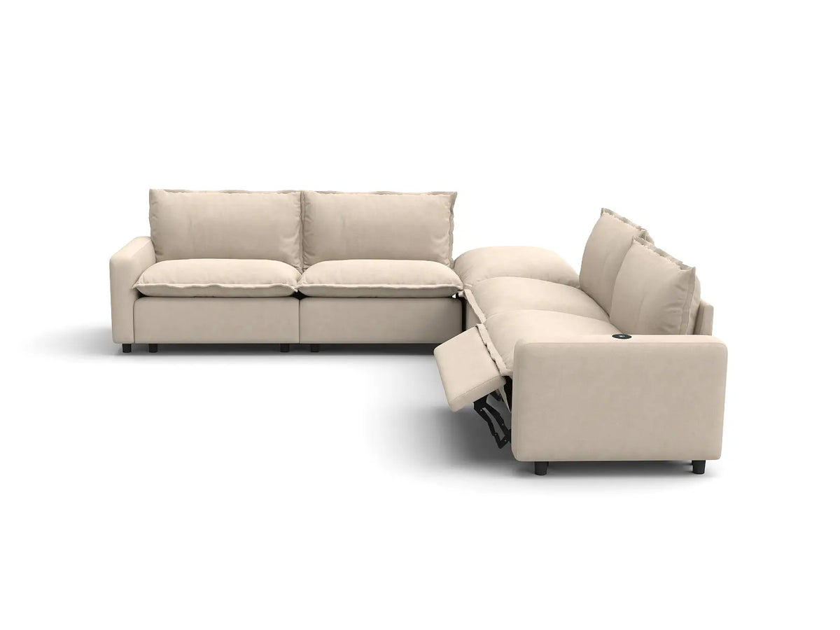 Modular Cero Reclining Sectionals | 5-Piece Beige Linen Large Space V-Shaped Sectionals 4-Seater with 1-Ottoman