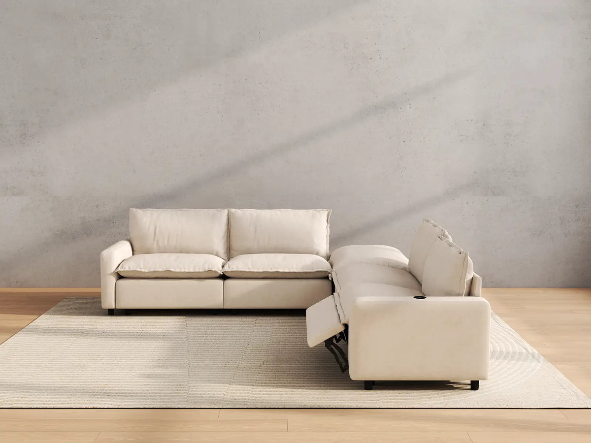 Modular Cero Reclining Sectionals | 5-Piece Beige Linen Large Space V-Shaped Sectionals 4-Seater with 1-Ottoman