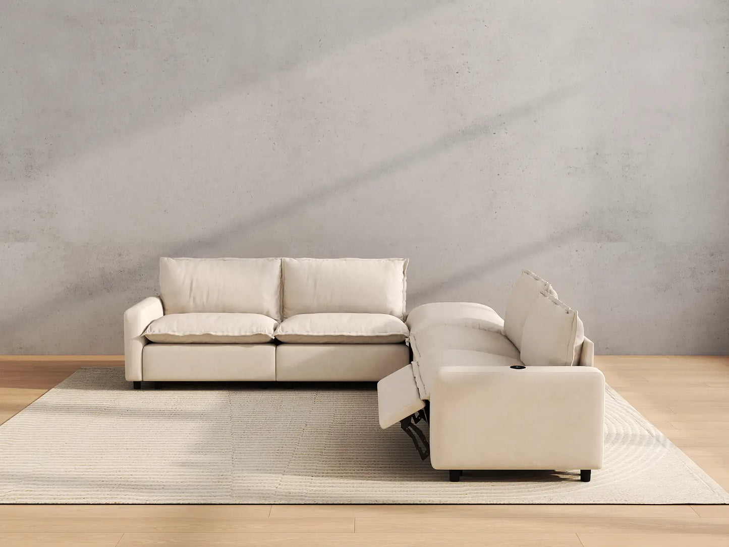 Modular Cero Reclining Sectionals | 5-Piece Beige Linen Large Space V-Shaped Sectionals 4-Seater with 1-Ottoman