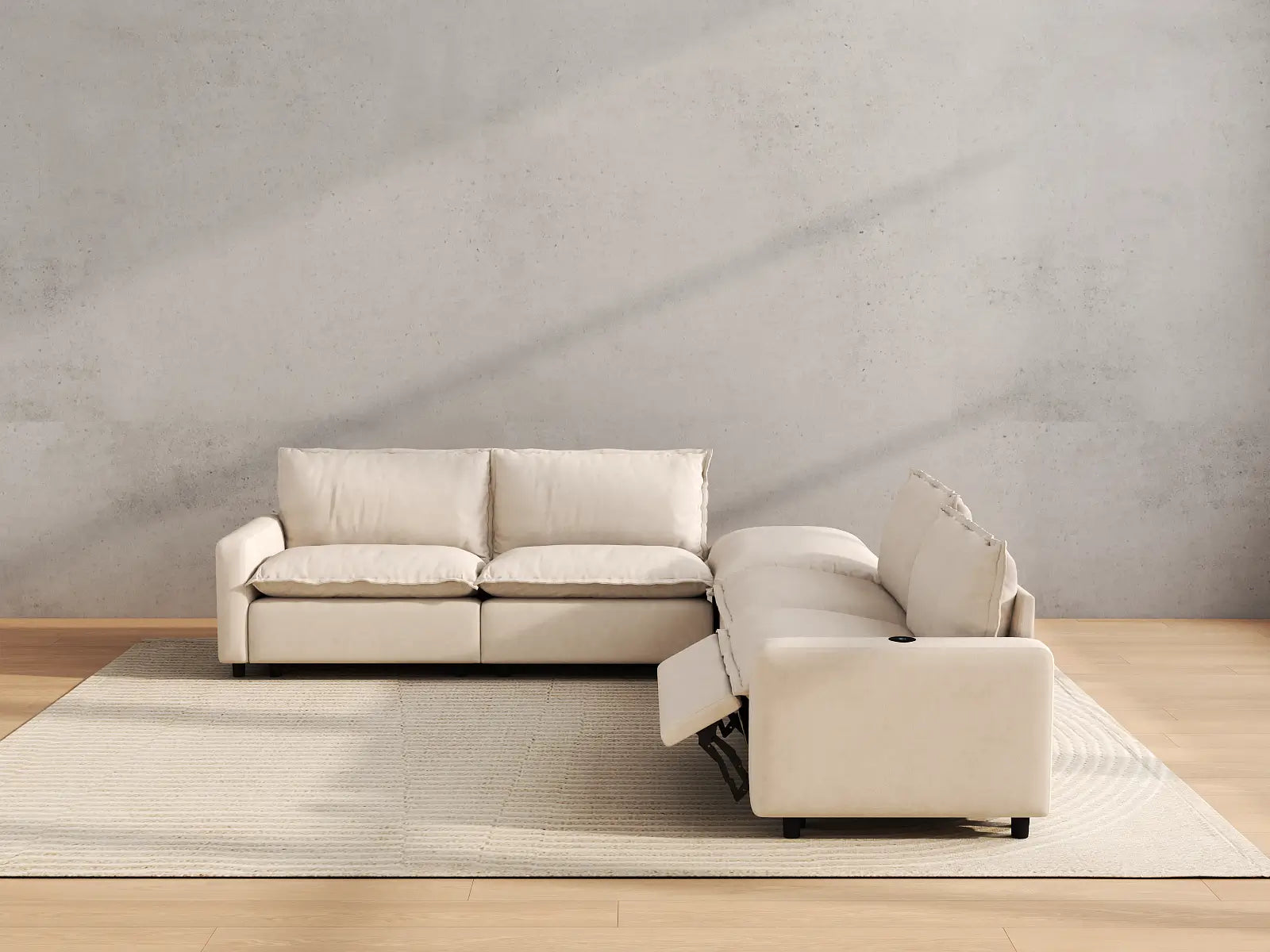 Modular Cero Sectional Couch with Chaise and Recliner | 5-Piece Beige Linen Large Space V-Shaped Sectionals 4-Seater with 1-Ottoman