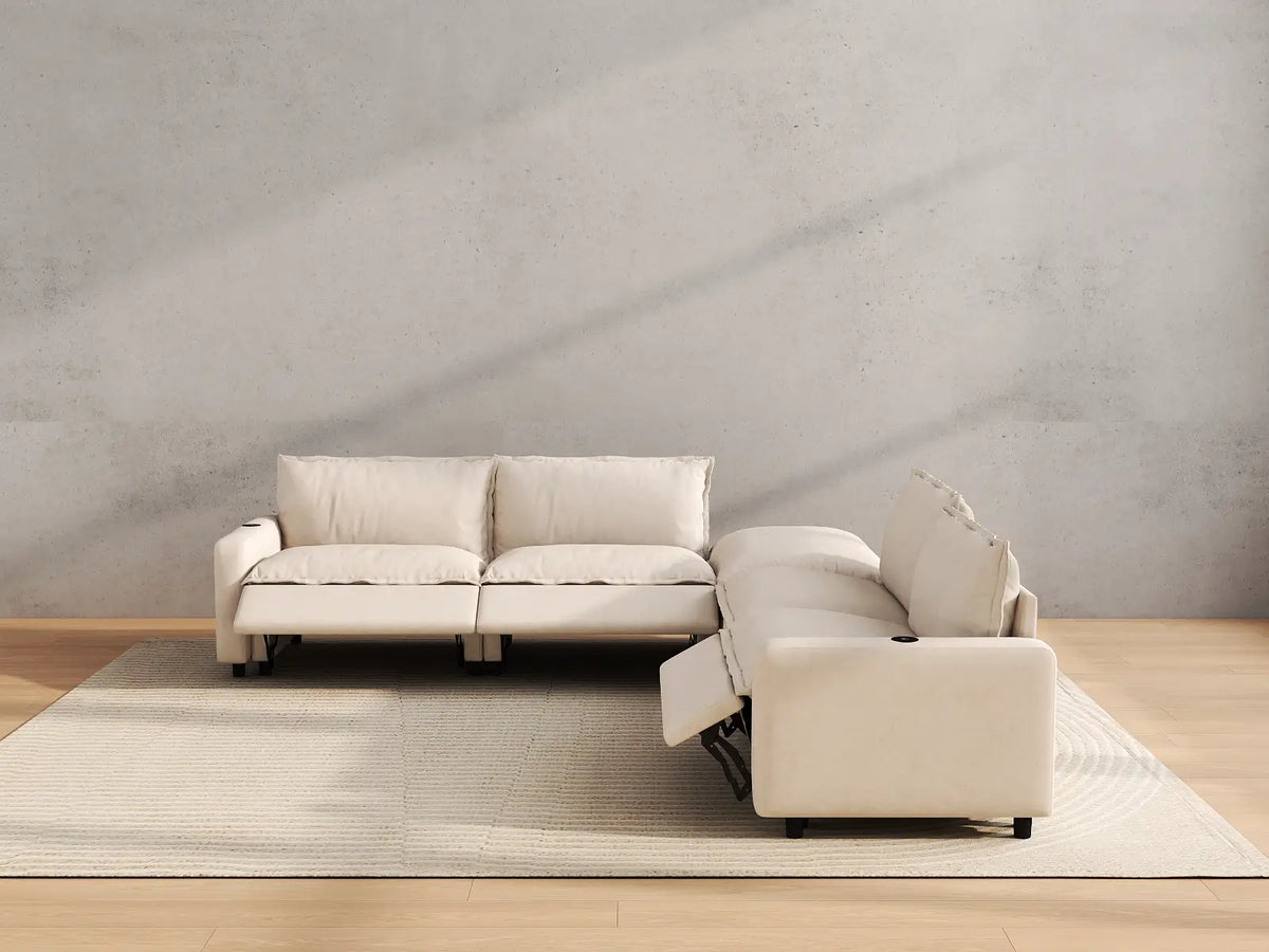 Modular Cero Reclining Sectionals | 5-Piece Beige Linen Large Space V-Shaped Sectionals 4-Seater with 1-Ottoman