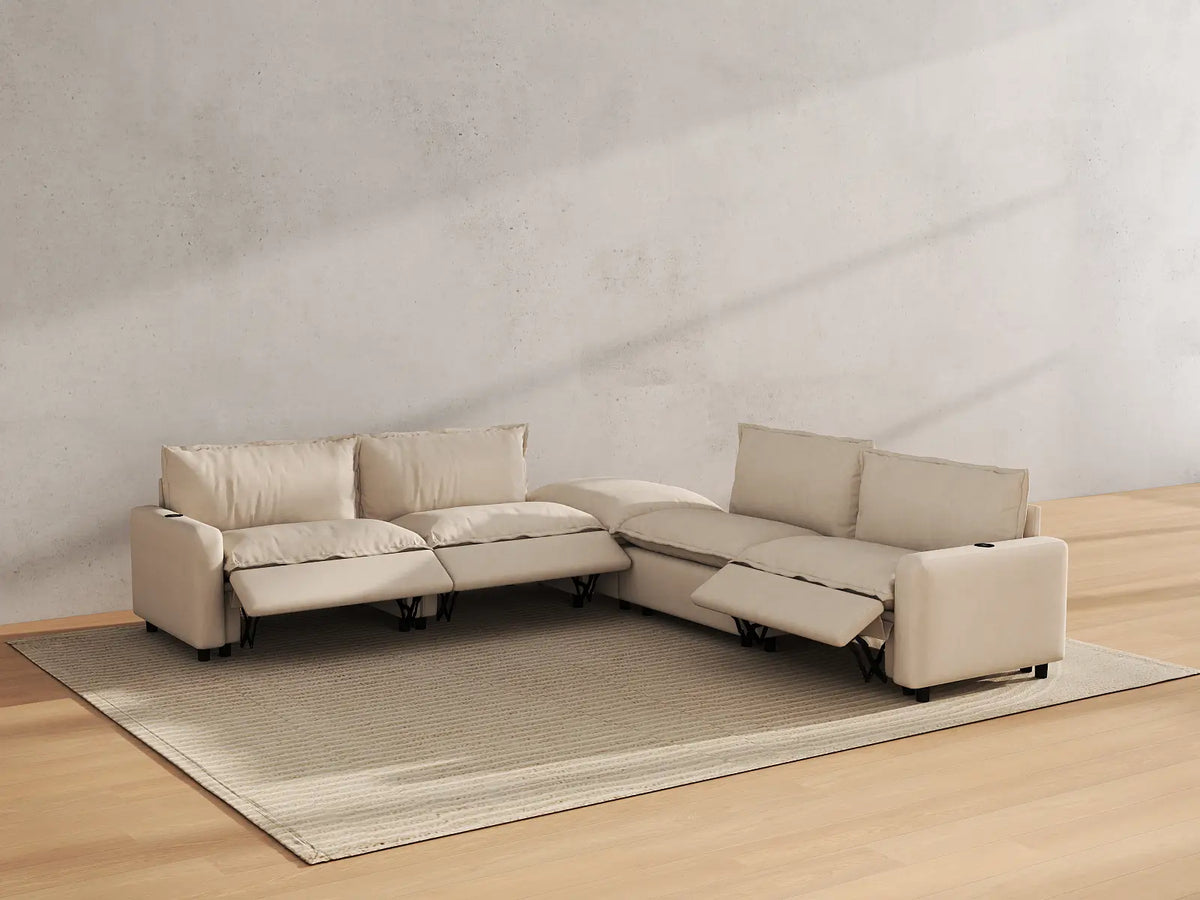 Modular Cero Reclining Sectionals | 5-Piece Beige Linen Large Space V-Shaped Sectionals 4-Seater with 1-Ottoman