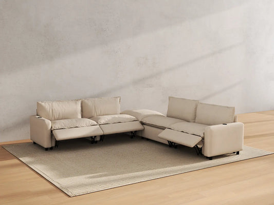 Modular Cero Reclining Sectionals | 5-Piece Beige Linen Large Space V-Shaped Sectionals 4-Seater with 1-Ottoman