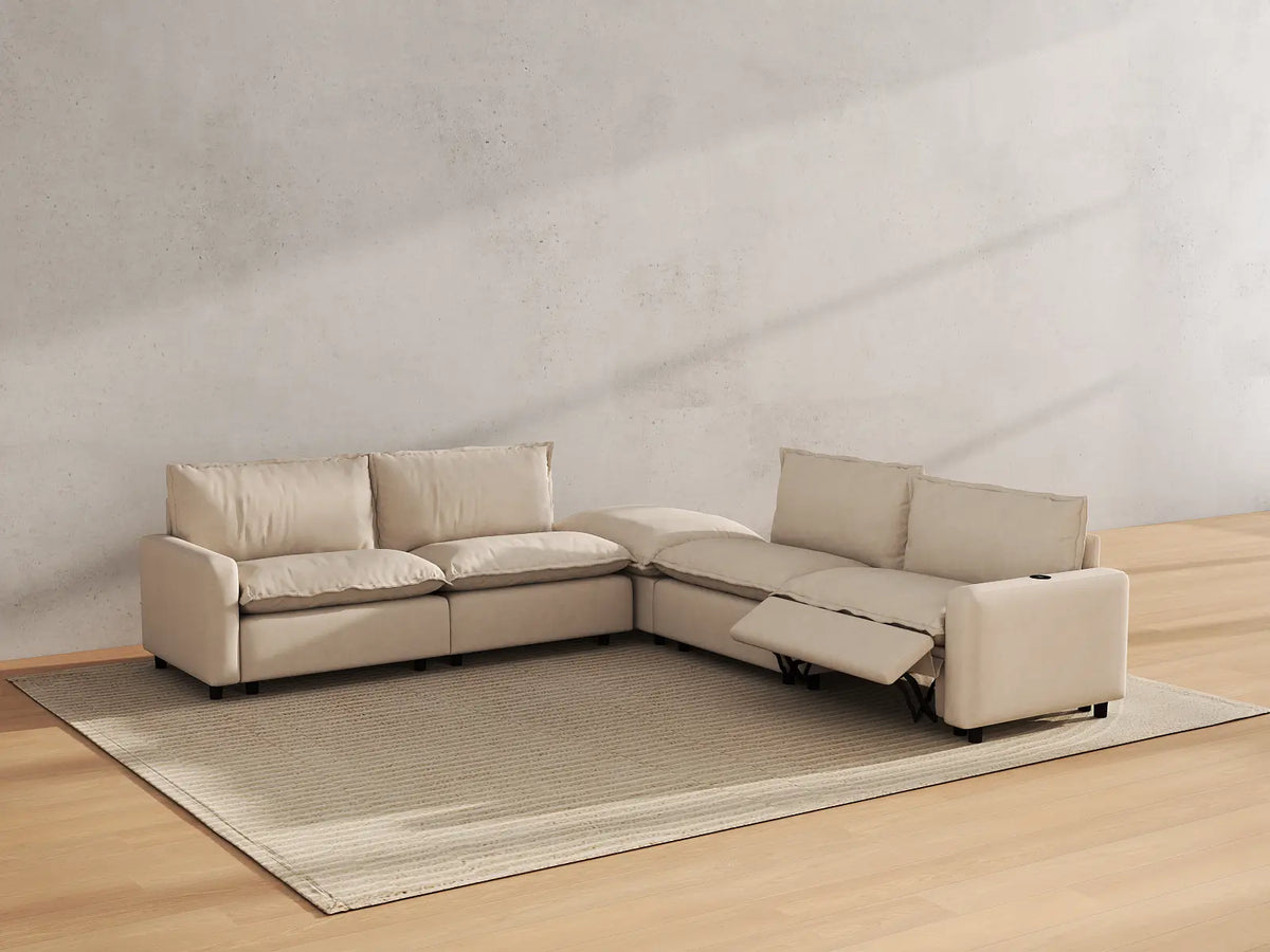 Modular Cero Reclining Sectionals | 5-Piece Beige Linen Large Space V-Shaped Sectionals 4-Seater with 1-Ottoman