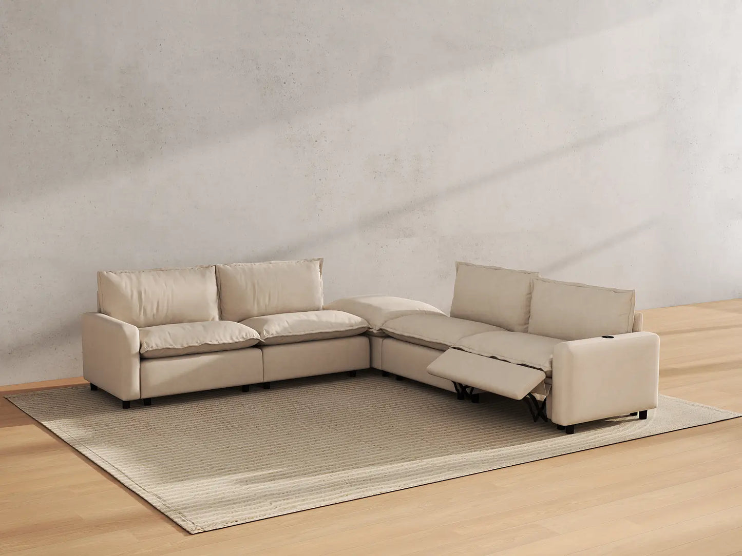 Modular Cero Reclining Sectionals | 5-Piece Beige Linen Large Space V-Shaped Sectionals 4-Seater with 1-Ottoman