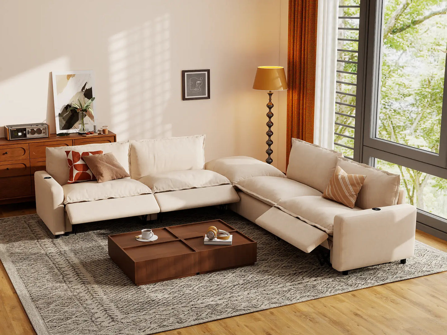 Modular Cero Reclining Sectionals | 5-Piece Beige Linen Large Space V-Shaped Sectionals 4-Seater with 1-Ottoman