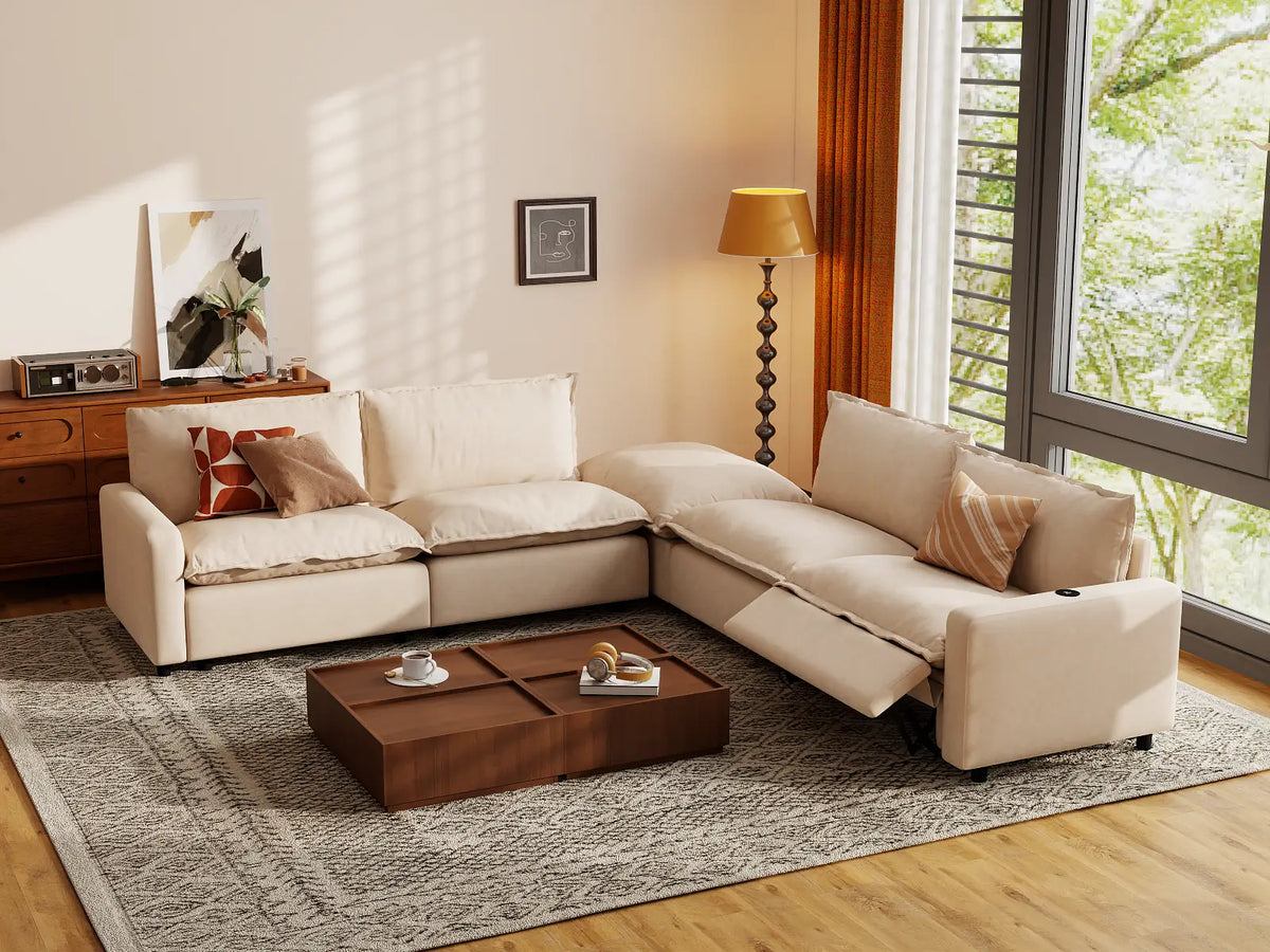 Modular Cero Reclining Sectionals | 5-Piece Beige Linen Large Space V-Shaped Sectionals 4-Seater with 1-Ottoman