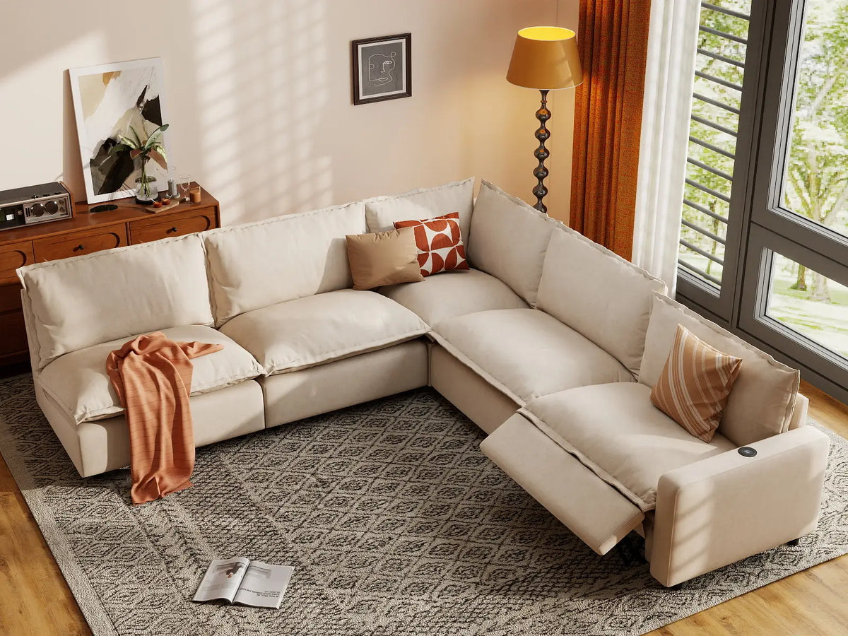 5 Piece Beige Linen Large Space V Shaped Sectionals 5 Seater 1