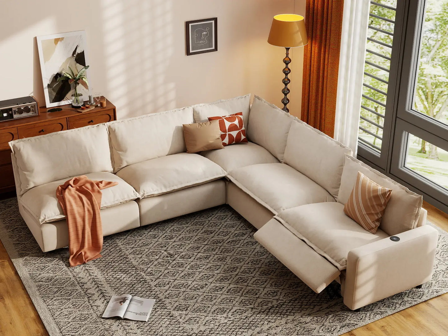 5 Piece Beige Linen Large Space V Shaped Sectionals 5 Seater 1