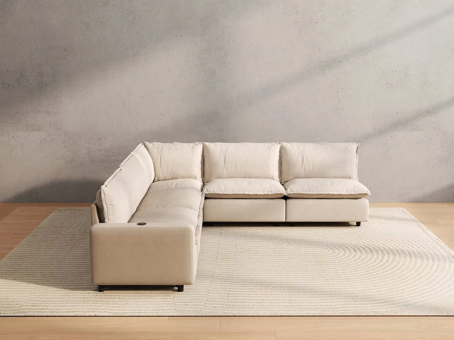 5 Piece Beige Linen Large Space V Shaped Sectionals 5 Seater 4