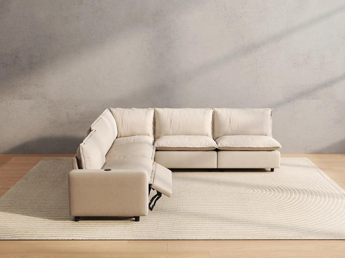 5 Piece Beige Linen Large Space V Shaped Sectionals 5 Seater 5