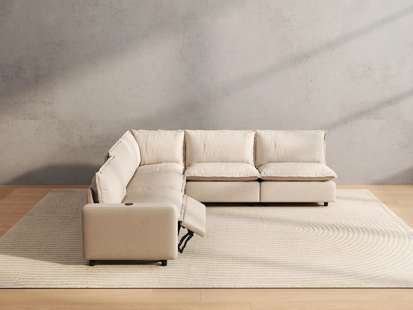 5 Piece Beige Linen Large Space V Shaped Sectionals 5 Seater 5