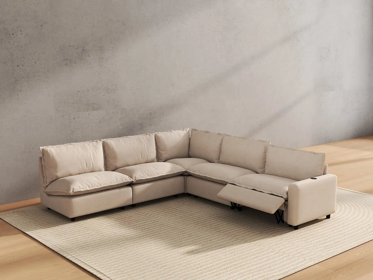 5 Piece Beige Linen Large Space V Shaped Sectionals 5 Seater 6